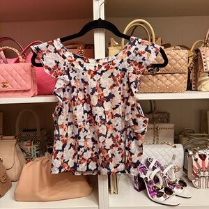 Club Monaco Ruffle Sleeve Floral Top - White, Navy & Orange